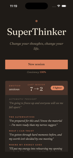 The SuperThinker home screen with a recent session